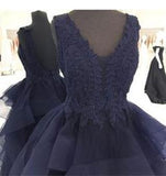 Custom Made Navy Blue Appliques Beaded V-Neck High Quality Prom Dresses