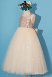 Princess Gold Sequin Shiny Round Neck Flower Girl Dresses with Bowknot, Baby Dresses STK15589