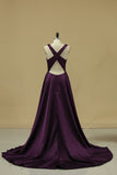 2024 Grape V Neck Evening Dresses A Line With Slit & Ruffles Sweep PHYNK647