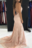 Elegant Straps V Neck Burgundy Lace Mermaid Long Evening Dresses, Prom Dresses STK15206