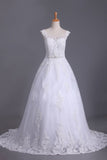 2024 A Line Cap Sleeve Scoop Tulle Wedding Dresses With Applique And P11QB59Q