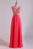 2024 Open Back V Neck Prom Dresses Beaded Bodice Chiffon Floor Length