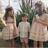 A Line Half Sleeves Pink Round Neck Flower Girl Dresses with Appliques, Baby Dresses STK15546