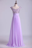 2024 Exquisite Straps A Line Chiffon Prom Dresses Beaded And Ruffled Floor P4G248D8