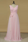 2024 A Line Bridesmaid Dresses V Neck Beaded Bodice Chiffon Floor P5FP689G