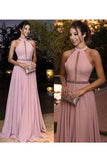 2024 Halter A Line Prom Dresses Beaded Waistline Sweep PLS51MPN