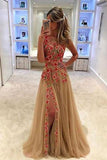 Unique Champagne Tulle Applique Long with Slit Sleeveless Floor Length Prom Dresses