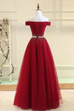 A Line Burgundy Off the Shoulder Lace up Tulle Sweetheart Long Prom Dresses