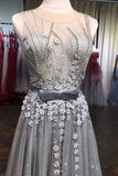 A Line Grey Tulle Beads 3D Flowers Round Neck Long Prom Dresses with Belt STK15000