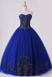 2024 Dark Royal Blue Ball Gown Sweetheart Floor Length Quinceanera Dresses With PFFHCHGR