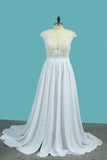 2024 Chiffon A Line Scoop Wedding Dresses With Applique And Slit PDR65Q7A