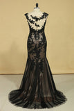 2024 Black Mermaid Bateau With Applique Tulle Dark Navy Sweep Train Evening PKQNDQG4