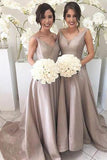 Simple V-neck Sleeveless Hi Low Sweep Train Silver Bridesmaid Dress