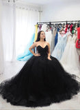 Sweetheart Tulle Ball Gown Black Formal Prom Dresses, Sleeveless Lace up Evening Dresses STK15442