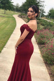 Mermaid Off the Shoulder Burgundy Prom Dresses with Slit, Lace Appliques Evening Dress STK15264