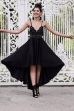 A Line Black V neck Short High Low Spaghetti Straps Prom Dresses Homecoming Dress