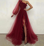 Tulle Prom Dresses A Line Long Evening Dresses Burgundy One Shoulder