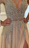 2024 A-line V-neck Nude Tulle with Slit Sexy Shinny Rhinestone Long Prom Dresses