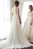 A-Line V-Neck Chiffon with Lace Appliqued Cap Sleeves Ivory Chapel Train Wedding Dresses