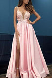 A Line Pink V Neck Sleeveless Spaghetti Straps High Slit Prom Dresses With Appliques