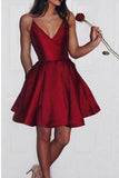 A-Line Burgundy Spaghetti Straps V-Neck Burgundy Short Homecoming Dress