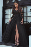 A Line Long Sleeve Slit Black Tulle Lace Appliques Backless Sweetheart Prom Dresses