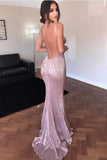 Elegant Mermaid Pink Simple Sexy Spaghetti Straps Sequin V Neck Backless Prom Dresses