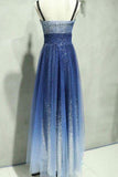 A Line Ombre Spaghetti Straps Tulle Blue Sequins Sweetheart Prom Homecoming Dress