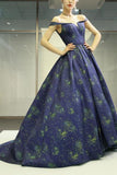 A Line Off the Shoulder Long Navy Blue Prom Dress with Printed Cheap Evening Dresses