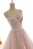 Unique A Line Pink Sweetheart Tulle Spaghetti Straps Long Lace Prom Dresses