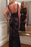 Long Prom Dresses Mermaid Scoop Neck Lace Beading Black Backless Evening Dress