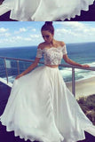 Two Pieces Off-the-Shoulder Ivory Short Sleeve A-Line Long Cheap Prom Dresses