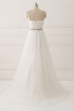 A Line White Spaghetti Straps Tulle Beads Appliques Sweetheart Zipper Prom Dresses