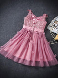 A Line Tulle Lace Appliques Lace up V Neck Pink Short Prom Dresses Homecoming Dresses