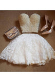 A-Line Two Pieces Sweetheart Short White Lace Knee Length Homecoming Dress with Pearls