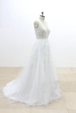 V-Cut shape Back Tulle Lace Appliques A Line Open Back Beach Wedding Dresses