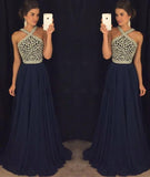 Elegant A Line Halter Dark Blue Beaded Long Chiffon Backless Long Prom Dresses