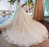 2024 Gorgeous Scoop Lace Appliques Flowers White Organza Long Sleeve Wedding Dresses