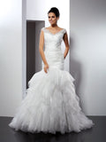 Trumpet/Mermaid V-neck Applique Sleeveless Long Tulle Wedding Dresses TPP0006631