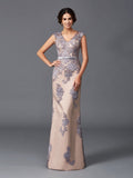 Sheath/Column Straps Applique Sleeveless Long Satin Dresses TPP0009066