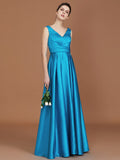 A-Line/Princess V-neck Sleeveless Floor-Length Ruffles Satin Bridesmaid Dress TPP0005646