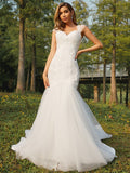 Trumpet/Mermaid Tulle Applique Sweetheart Sleeveless Sweep/Brush Train Wedding Dresses TPP0006506