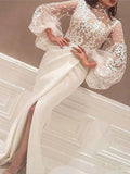 Trumpet/Mermaid Long Sleeves High Neck Sweep/Brush Train Lace Stretch Crepe Dresses TPP0002258