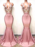 Trumpet/Mermaid Sleeveless V-neck Sweep/Brush Train Lace Satin Dresses TPP0002030