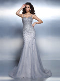 Trumpet/Mermaid Spaghetti Straps Rhinestone Sleeveless Long Organza Dresses TPP0009110