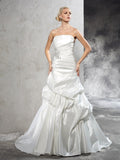 Sheath/Column Strapless Pleats Sleeveless Long Satin Wedding Dresses TPP0006965