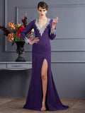 Trumpet/Mermaid V-neck Long Sleeves Beading Long Chiffon Dresses TPP0004133