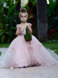 Ball Gown Sleeveless Spaghetti Straps Sweep/Brush Train Applique Tulle Flower Girl Dresses TPP0007647