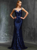 Sheath/Column V-neck Sleeveless Sweep/Brush Train Beading Sequins Dresses TPP0003472