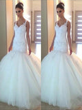 Trumpet/Mermaid V-neck Applique Tulle Sleeveless Court Train Wedding Dresses TPP0006678